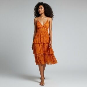 Anthropologie GUAPA Size 4 Pamela Tiered Orange Floral Halter Smocked MIDI Dress